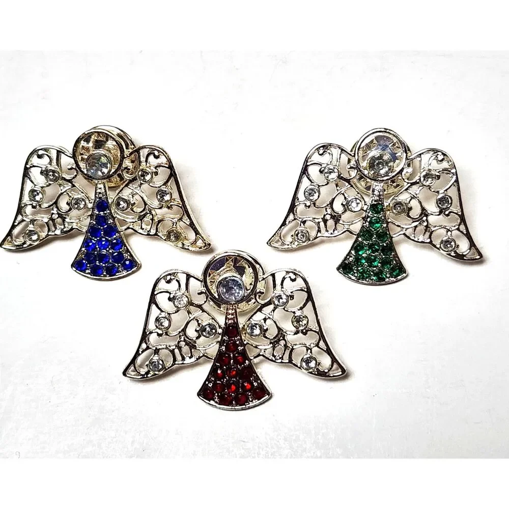 Rhinestone Angel Tac Pins 3 Silver Tone with Red, Blue & Green Crystals